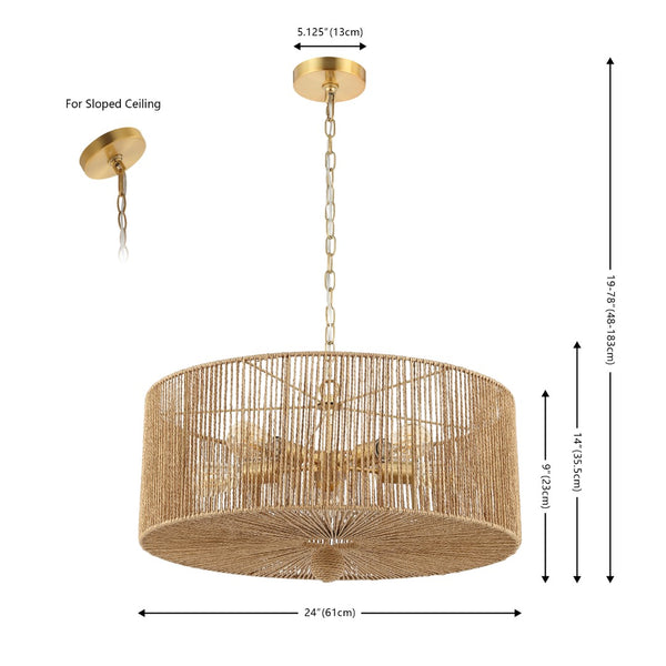 Safavieh Mamba, 5 Light, 24 Inch, Natural/Gold, Paper Rope/Iron Extendable Pendant Natural / Gold PND4186A