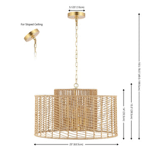 Safavieh Brynora, 4 Light, 25 Inch, Light Natural/Gold, Paper Rope/Iron Extendable Pendant Natural / Gold Paper PND4190A