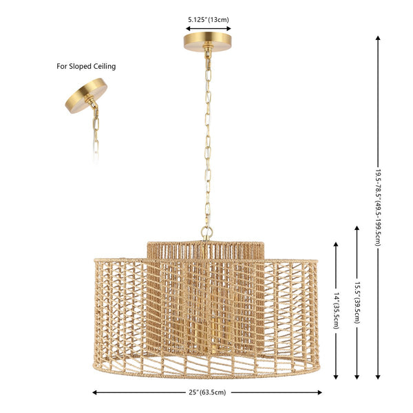 Safavieh Brynora, 4 Light, 25 Inch, Light Natural/Gold, Paper Rope/Iron Extendable Pendant Natural / Gold Paper PND4190A