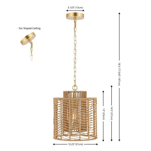 Safavieh Ryoa, 12.25 Inch, Light Natural/Gold, Paper Rope/Iron Extendable Pendant Natural / Gold Paper PND4191A