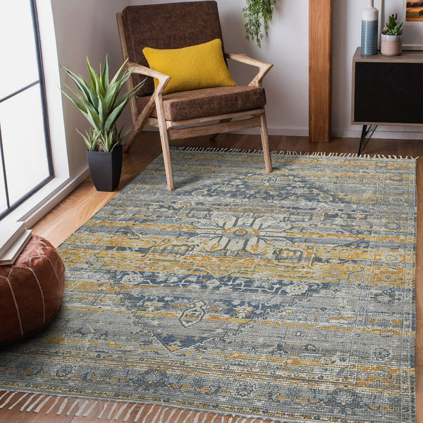AMER Rugs Prairie PRE-2 Hand-Loomed Oriental Transitional Area Rug Denim/Orange 3'6" x 5'6"