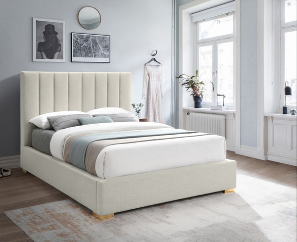Pierce Linen Textured Fabric: 22% Linen, 33% Cotton, 35% Polyester / Metal / Engineered Wood / Foam Mid Century Modern Beige Linen Textured Fabric King Bed - 83" W x 89.8" D x 54.5" H