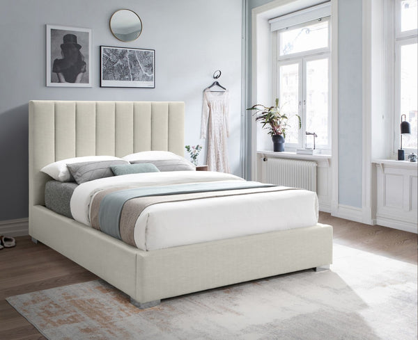 Pierce Linen Textured Fabric: 22% Linen, 33% Cotton, 35% Polyester / Metal / Engineered Wood / Foam Mid Century Modern Beige Linen Textured Fabric King Bed - 83" W x 89.8" D x 54.5" H