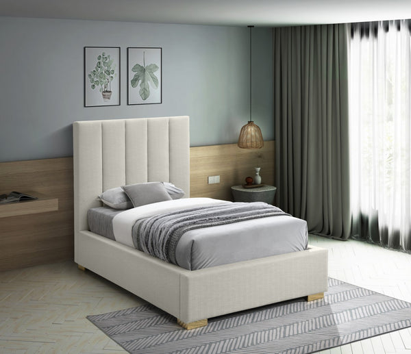 Pierce Linen Textured Fabric: 22% Linen, 33% Cotton, 35% Polyester / Metal / Engineered Wood / Foam Mid Century Modern Beige Linen Textured Fabric Twin Bed - 46" W x 84.3" D x 54.5" H
