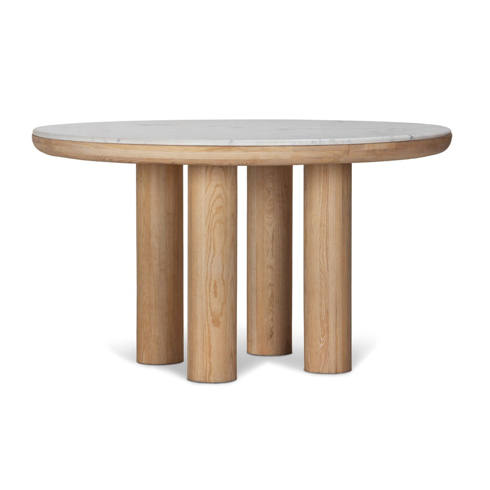 Union Home Pillar Round Dining Table Calm Nature FSC Certified Oak Wood, White Marble