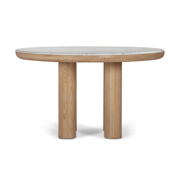 Union Home Pillar Round Dining Table Calm Nature FSC Certified Oak Wood, White Marble