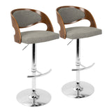 Pino Mid-Century Modern Adjustable Barstool with Swivel in Chrome, Walnut Wood and Grey Fabric by LumiSource - Set of 2