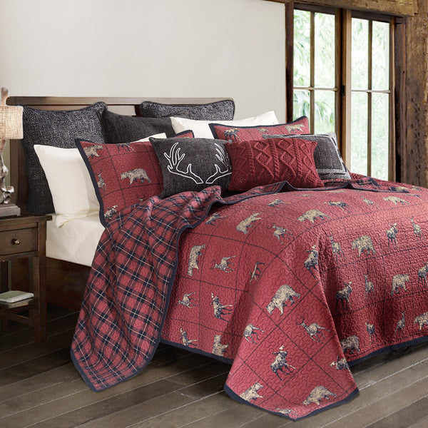 HiEnd Accents Woodland Plaid Reversible Quilt Set QL1888-FQ-OC Red, Navy  92x96x1