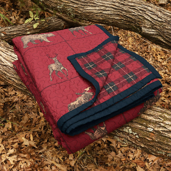 HiEnd Accents Woodland Plaid Reversible Quilt Set QL1888-TW-OC Red, Navy  68x88x1