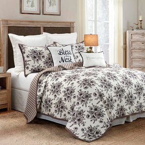 HiEnd Accents Lyla Reversible Floral Print Quilt Set QN1778-FQ-BK White, Brown Quilt - Face and Back: 100% cotton; Fill: 100% polyester. Pillow Sham - 100% cotton. 92x96x1