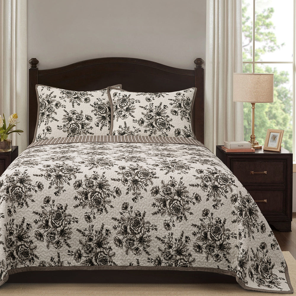 HiEnd Accents Lyla Reversible Floral Print Quilt Set QN1778-FQ-BK White, Brown Quilt - Face and Back: 100% cotton; Fill: 100% polyester. Pillow Sham - 100% cotton. 92x96x1