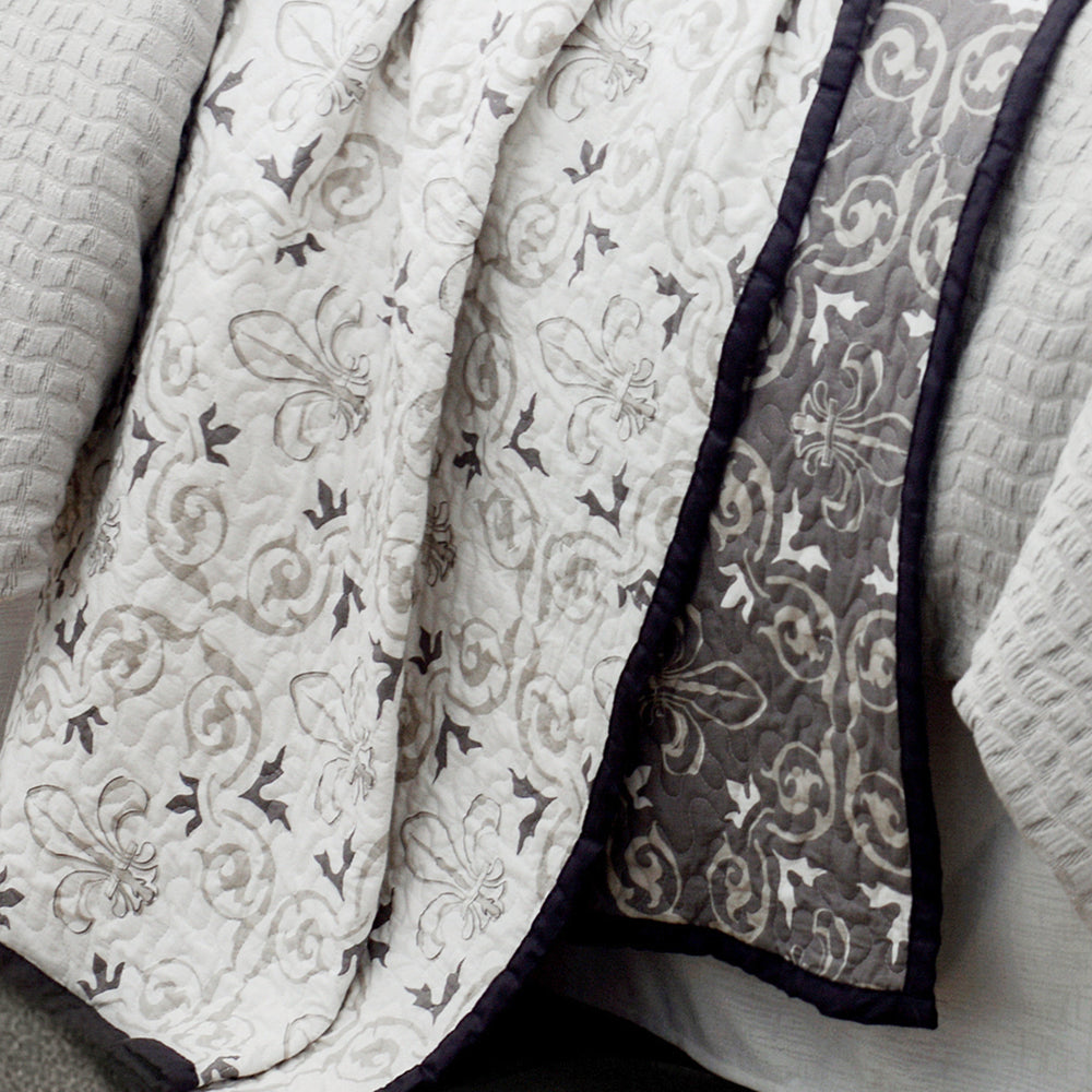 HiEnd Accents Fleur De Lis Reversible Quilt Set QN2012-FQ-OC Gray, White Face: 100% Cotton. Back: 100% Cotton. Filling: 80% Cotton, 20% Polyester 92x96x1