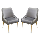 Set of (2) Quinn Dining Chairs w/ Vertical Outside Pleat Detail and Contoured Arm in Grey Velvet w/ Brushed Gold Metal Leg