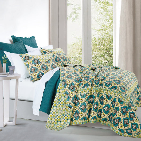 HiEnd Accents Salado Reversible Quilt Set QW1005-TW-OC Turquoise, Green Quilt: Face: 100% Cotton. Back: 100% Cotton. Filling: 80% Cotton, 20%Rayon; Standa Sham: Shell: Face: 100% Cotton. Back: 100% Cotton. Filling: 80% Cotton, 20% Rayon 68x88x0.5