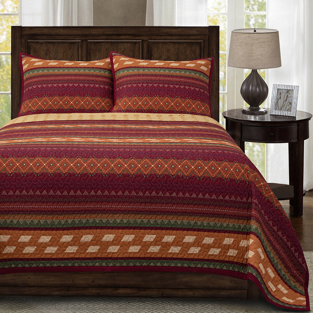 HiEnd Accents Solace Reversible Quilt Set QW1012-FQ-OC Red, Orange, Brown Face: 100% Cotton. Back: 100% Cotton. Filling: 100% Polyester 92x96x1