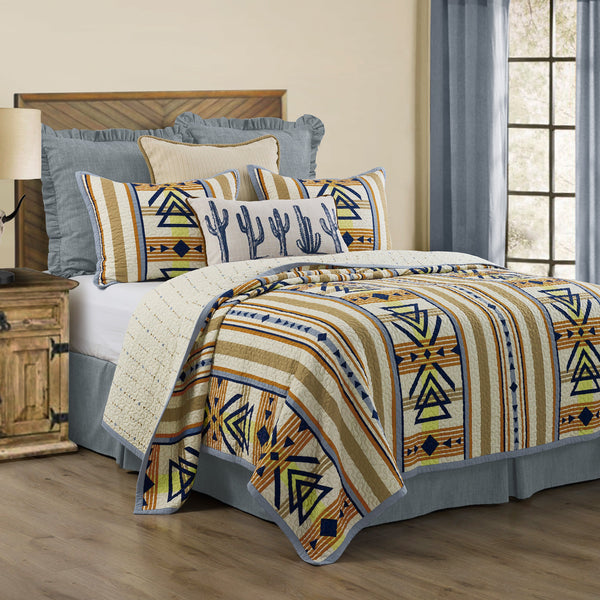 HiEnd Accents Pontiac Reversible Quilt Set QW1817-KG-OC Blue, Tan, Yellow Face: 100% Cotton, Back: 100% Cotton, Filling: 80% Cotton, 20% Polyester. 