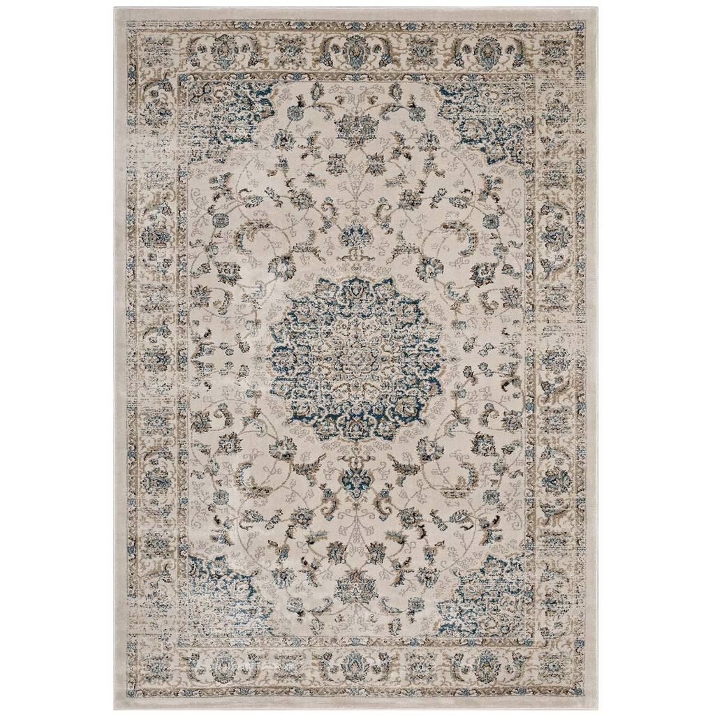 Atara Distressed Vintage Persian Medallion 5x8 Area Rug Teal and Beige R-1102A-58