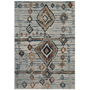 Jenica Distressed Moroccan Tribal Abstract Diamond 5x8 Area Rug Silver Blue, Beige and Brown R-1109A-58