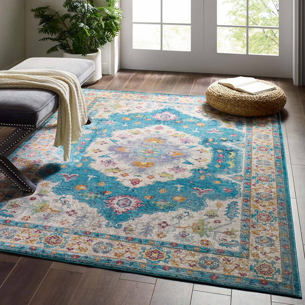Success Anisah Distressed Floral Persian Medallion 5x8 Area Rug Blue, Ivory, Yellow, Orange R-1163C-58