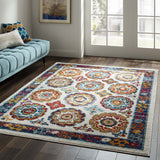 Entourage Odile Distressed Floral Moroccan Trellis 5x8 Area Rug Ivory, Blue, Red, Orange, Yellow R-1168A-58