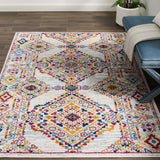 Entourage Khalida Distressed Vintage Floral Lattice 5x8 Area Rug Ivory, Blue, Orange, Yellow, Red R-1169A-58