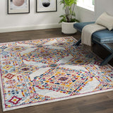 Entourage Khalida Distressed Vintage Floral Lattice 5x8 Area Rug Ivory, Blue, Orange, Yellow, Red R-1169A-58