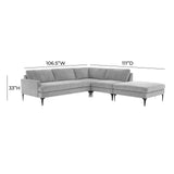 TOV Furniture Serena Gray Velvet Large RAF Chaise Sectional with Black Legs Grey 