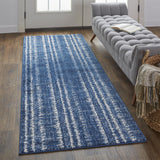 Remmy Coastal Inspired, Striated, Dark Navy Blue, 2ft-10in x 7ft-10in, Runner