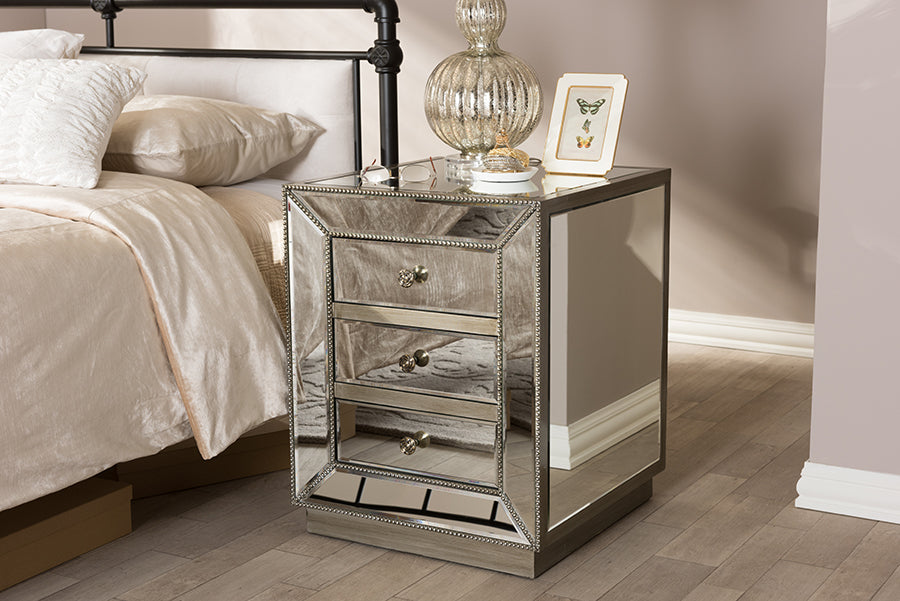 Currin Contemporary Mirrored 3 Drawer Nightstand English Elm