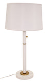 Rupert three way table lamp in white with weathered brass accents and USB port