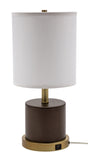 Rupert table lamp with weathered brass accents and USB port