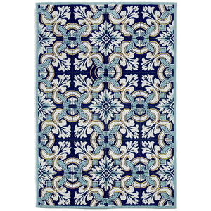 Trans-Ocean Liora Manne Ravella Floral Tile Casual Indoor/Outdoor Hand Tufted 70% Polypropylene/30%Acrylic Rug Navy 8'3" x 11'6"