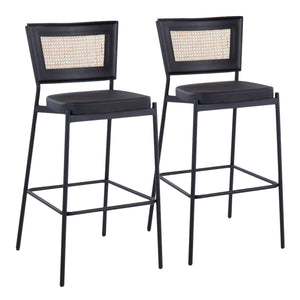 Rattan Tania Contemporary Bar Stool in Black Metal, Black Faux Leather, and Rattan Back by LumiSource - Set of 2