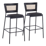 Rattan Tania Contemporary Bar Stool in Black Metal, Black Faux Leather, and Rattan Back by LumiSource - Set of 2