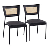 Rattan Tania Contemporary Dining Chair in Black Metal, Black Faux Leather, and Rattan Back by LumiSource - Set of 2