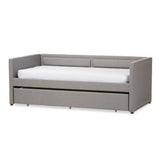 Raymond Modern and Contemporary Grey Fabric Nail Heads Trimmed Sofa Twin Daybed with Roll-Out Trundle Guest Bed