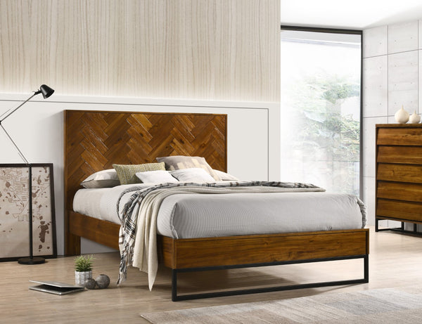 Reed Engineered Wood / Metal Mid Century Antique Coffee Queen Bed (3 Boxes) - 61.5" W x 83.5" D x 50.5" H