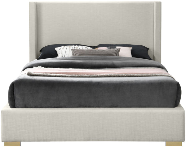 Royce Linen Textured Fabric: 22% Linen, 33% Cotton, 35% Polyester / Metal / Engineered Wood / Foam Mid Century Modern Beige Linen Textured Fabric Queen Bed (3 Boxes) - 68" W x 89.8" D x 54.5" H