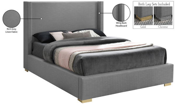 Royce Linen Textured Fabric: 22% Linen, 33% Cotton, 35% Polyester / Metal / Engineered Wood / Foam Mid Century Modern Grey Linen Textured Fabric Full Bed (3 Boxes) - 61.8" W x 84.3" D x 54.5" H