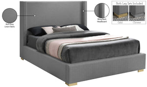 Royce Linen Textured Fabric: 22% Linen, 33% Cotton, 35% Polyester / Metal / Engineered Wood / Foam Mid Century Modern Grey Linen Textured Fabric King Bed (3 Boxes) - 83.5" W x 89.8" D x 54.5" H