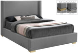 Royce Linen Textured Fabric: 22% Linen, 33% Cotton, 35% Polyester / Metal / Engineered Wood / Foam Mid Century Modern Grey Linen Textured Fabric King Bed (3 Boxes) - 83.5" W x 89.8" D x 54.5" H