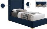 Royce Linen Textured Fabric: 22% Linen, 33% Cotton, 35% Polyester / Metal / Engineered Wood / Foam Mid Century Modern Navy Linen Textured Fabric Twin Bed (3 Boxes) - 46" W x 84.3" D x 54.5" H