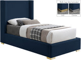 Royce Linen Textured Fabric: 22% Linen, 33% Cotton, 35% Polyester / Metal / Engineered Wood / Foam Mid Century Modern Navy Linen Textured Fabric Twin Bed (3 Boxes) - 46" W x 84.3" D x 54.5" H