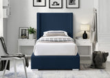 Royce Linen Textured Fabric: 22% Linen, 33% Cotton, 35% Polyester / Metal / Engineered Wood / Foam Mid Century Modern Navy Linen Textured Fabric Twin Bed (3 Boxes) - 46" W x 84.3" D x 54.5" H