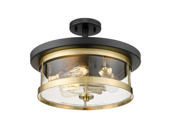 Bethel Black & Gold Semi Flush Mount Light – Elegant Metal Frame with Clear Glass Shade, 3 Bulbs