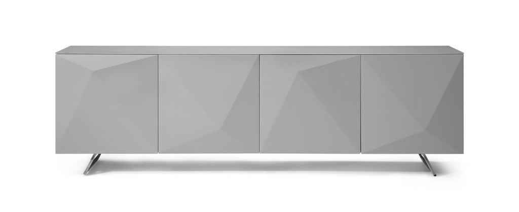 Samantha Buffet, 5Mm Crystal Pure Tempered Grey Glass Top, High Gloss Grey, Design On Doors,