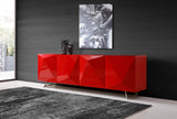 Samantha Buffet High Gloss Red, Design On Doors And Metal Legs With Brushed Nickel Finish