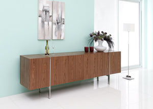 Struttura Buffet Large, Walnut Veneer, Adjustable Shelves, Polished Stainless Steel Legs