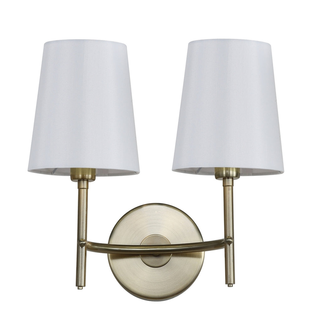 Barrett Mid-Century Modern Two Light Wall Sconce in Brass Gold with White Cotton Shades - Stylish Home Accent