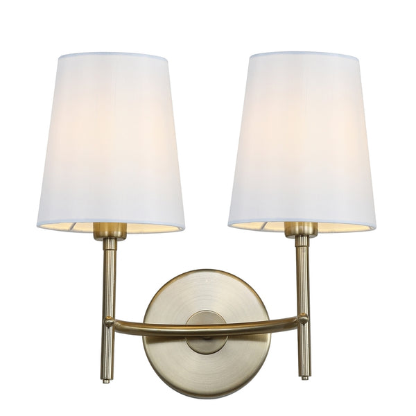 Barrett Mid-Century Modern Two Light Wall Sconce in Brass Gold with White Cotton Shades - Stylish Home Accent